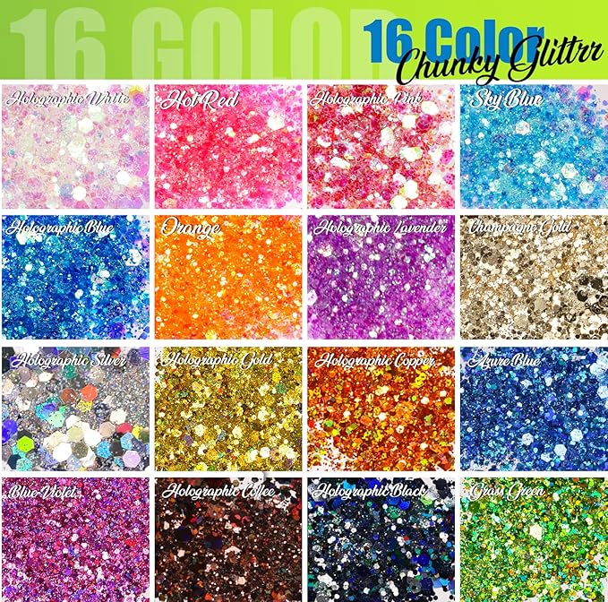 LEOBRO Glitter, 32 Colors Fine and Chunky Glitter for Crafts, Resin, Halloween Christmas Decors, Nail Body, Art Crafts