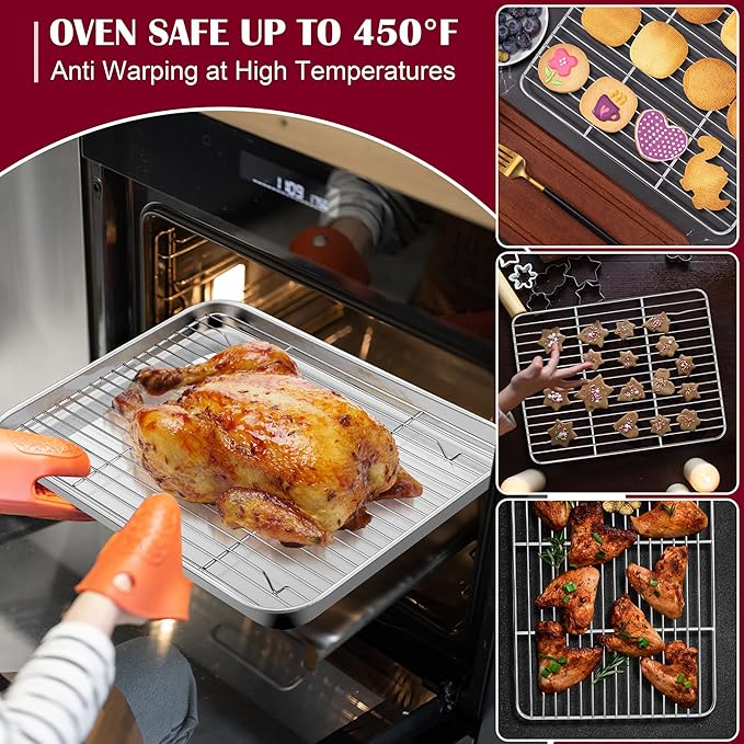 E-far Baking Sheet with Wire Rack (2 Pans + 2 Racks), Stainless Steel Cookie Sheets Pan & Cooling Rack for Baking Cookies/Jelly Rolls, Non Toxic & Heavy Duty, Oven & Dishwasher Safe, 16 x 12 x 1 Inch