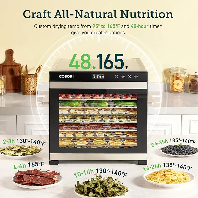 COSORI Food Dehydrator for Jerky, 10 Trays, 16.2ft² Drying Space, 165°F Temperature Control, 48H Timer, 1000W Dehydrator Machine, Stainless Steel, for Herbs, Fruit, Meat, and Yogurt, Silver