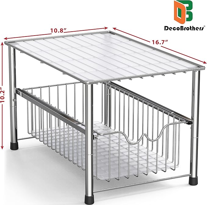 DecoBrothers Stackable Under Sink Organizer with Sliding Basket, Chrome