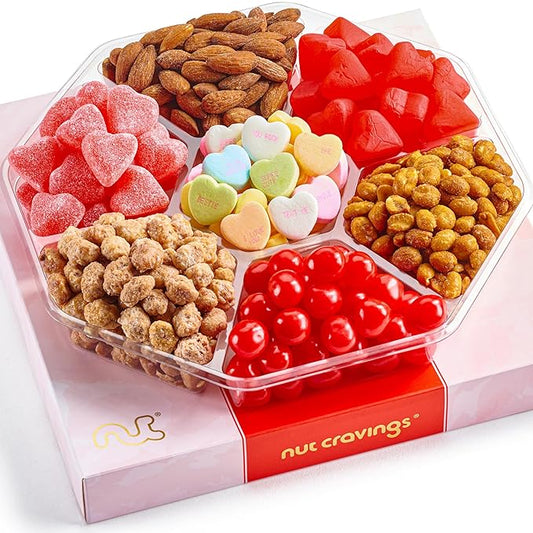 NUT CRAVINGS - Mixed Nuts & Heart Candy Gift Basket in Red Gold Box (7 Assortments, 1 LB) Food Arrangement, Healthy Snack Care Package, Food Assortments