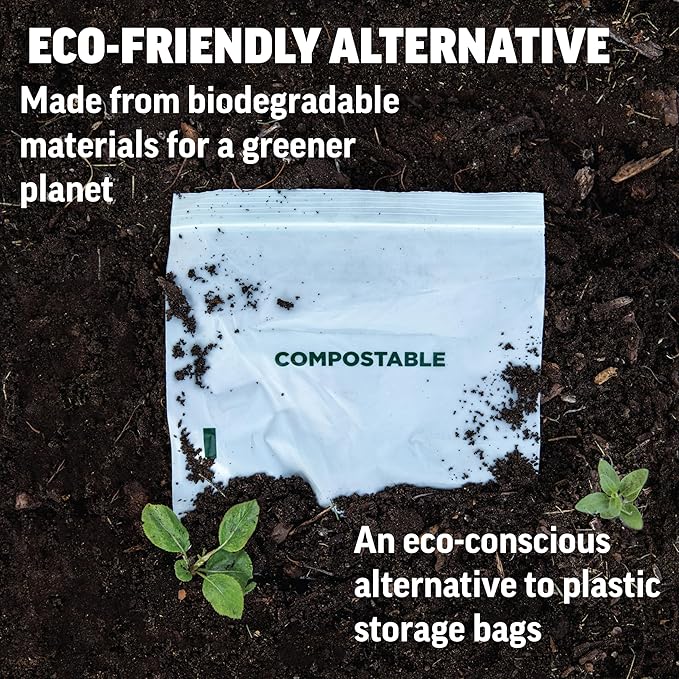 Zenlogy Home Compostable Resealable Sandwich Bags (7"x7"), Microwave & Freezer Safe, Organic Food Storage Container, 100 Count