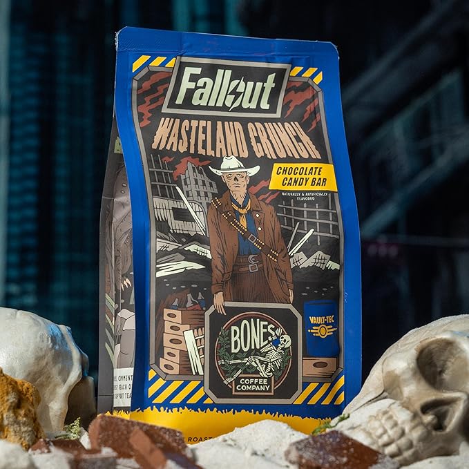 Bones Coffee Company Fallout Wasteland Crunch, Chocolate Candy Bar Flavored Coffee, Medium Roast Low Acid Arabica Beans Compatible with Auto drip and French Press Coffee Maker, 12 Oz Ground