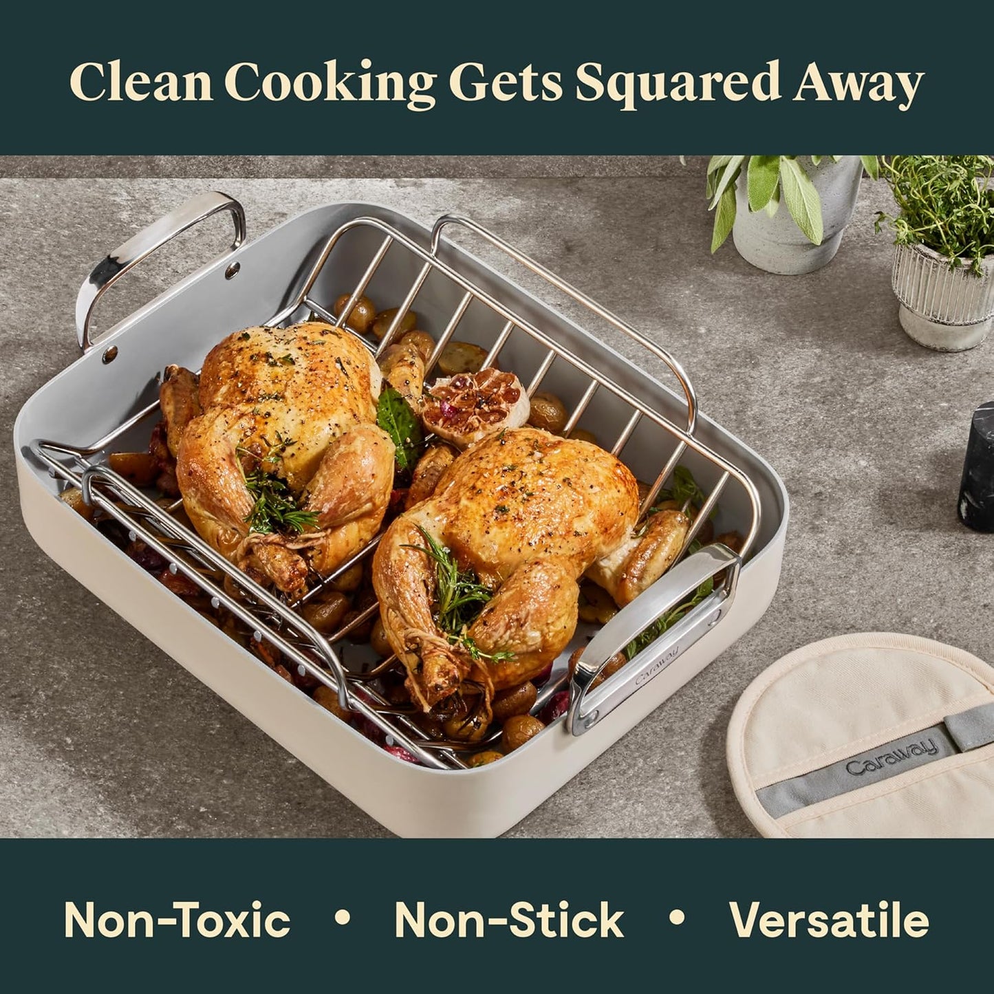 Caraway Roasting Pan - 16x13” Roasting Pan with Rack - Non-Stick Ceramic Coated - Non Toxic, PTFE & PFOA Free - Oven Safe & Compatible with All Stovetops - Navy