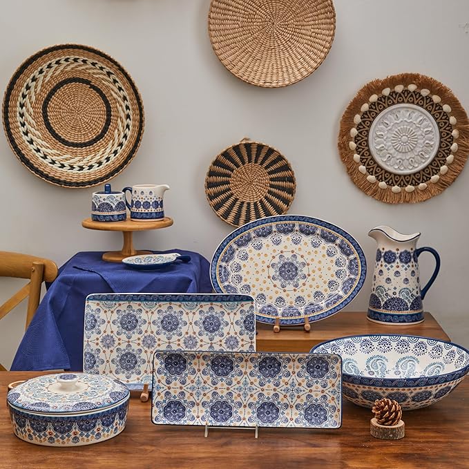 Bico Blue Talavera Ceramic Sugar and Creamer Set, Sugar Bowl with Lid, Cute Container for Coffee Bar, Kitchen Countertop Accessories, Microwave and Dishwasher Safe