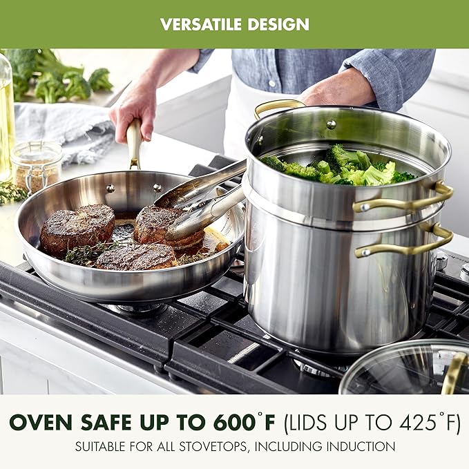 GreenPan 11 Piece Stainless Steel Cookware Set, Induction Ready, Tri-Ply Multiclad Pots & Pans with Lids, Compatible on All Cooktops, Measurement Markings, Dishwasher & Oven Safe, Swift, Gold Handles