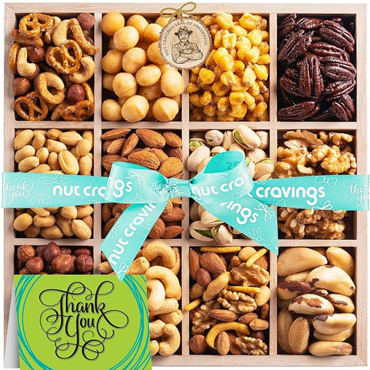 NUT CRAVINGS Gourmet Collection - Thank You Appreciation, Nuts Gift Basket with TY Ribbon + Greeting Card in Reusable Wooden Tray (12 Assortments) Food Arrangement, Healthy Snack Care Package, Food Assortments