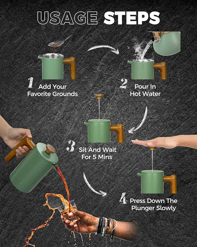 POLIVIAR French Press Coffee Maker, 21 oz Coffee Press with Real Wood Handle, Double Wall Insulation & Dual-Filter Screen, Food Grade Stainless Steel for Good Coffe and Tea, JX2024-SFPN