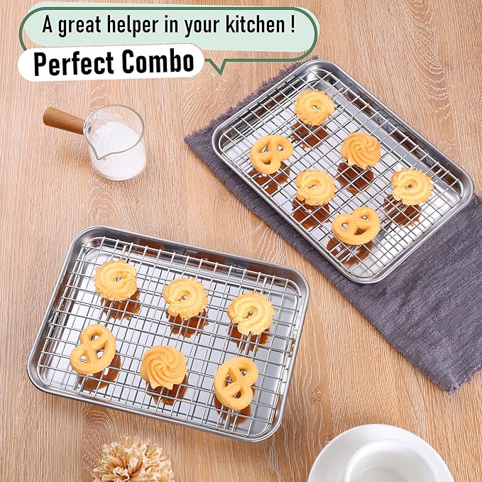 Toaster Oven Pan with Rack Set (2 Small Baking Sheets+2 Grill Racks), 9 x 7 Inch Stainless Steel Small Cookie Sheets Bacon Tray with Grid Cooling Racks for Baking Roasting Grilling, Dishwasher Safe