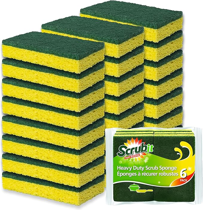SCRUBIT Heavy Duty Scrub Sponges - Dishwashing Sponge Along with A Tough Scouring Pad - Ideal for Cleaning Kitchen, Dishes, Bathroom - Yellow - 24 Dish sponges