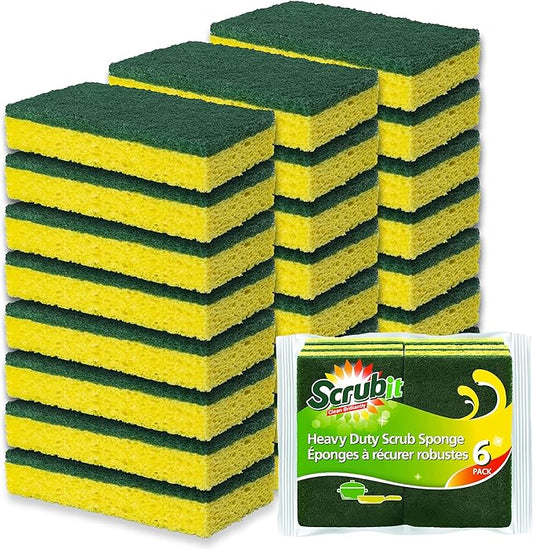 SCRUBIT Heavy Duty Scrub Sponges - Dishwashing Sponge Along with A Tough Scouring Pad - Ideal for Cleaning Kitchen, Dishes, Bathroom - Yellow - 24 Dish sponges