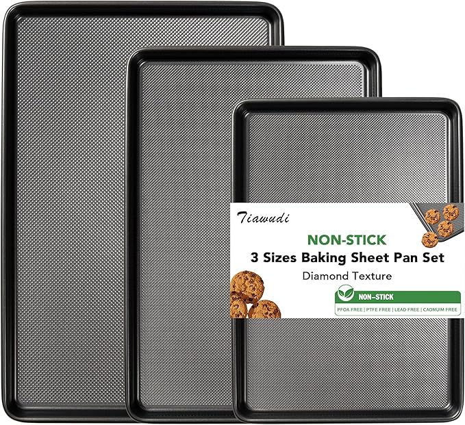 Tiawudi Baking Sheet Pan Set, 0.8mm Thick Heavy Duty Cookie Sheet with Diamond Texture Pattern, Nonstick Baking Tray for Oven, Carbon Steel Half, Jerry Roll Pan, Set of 3