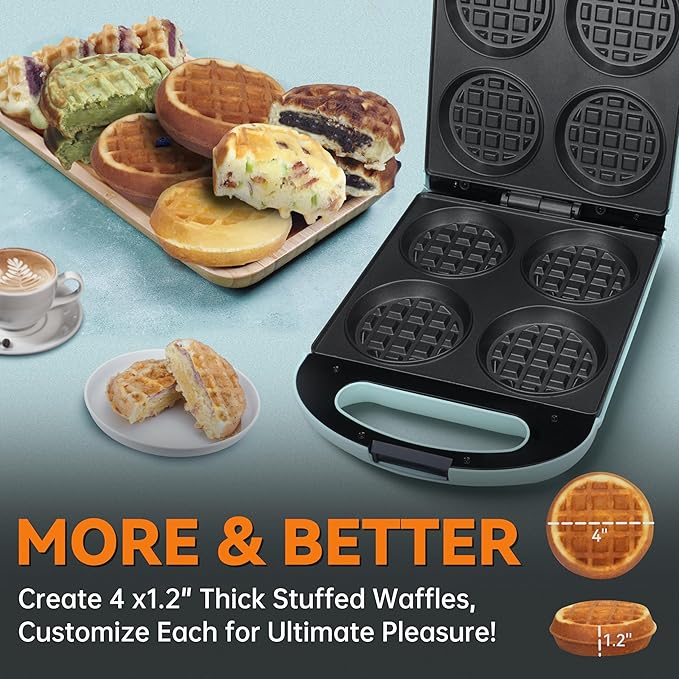 Baker's Friend Multi Stuffed Waffle Maker Thick, 4-Slice with 1.2'' Thick & 4'' Dia, Belgian Mini Waffle Maker Flip, Nonstick Breakfast Sandwich Maker, Stuffed Waffle Iron, Aqua