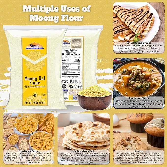 Rani Moong Flour (Mung Bean Flour, Green Gram Flour) 14oz (400g) ~ All Natural | Vegan | Gluten Friendly | NON-GMO | Kosher | Indian Origin