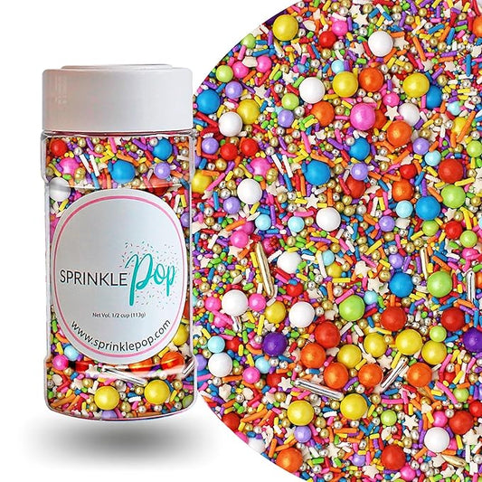 Sprinkle Pop Rainbow Road Sprinkle Mix| Blend of White Red Orange Yellow Green Blue Pink Purple Rainbow Sprinkles Made in USA for Decorating Birthday Cakes Cookie Cupcakes Ice Cream Chocolate,4oz