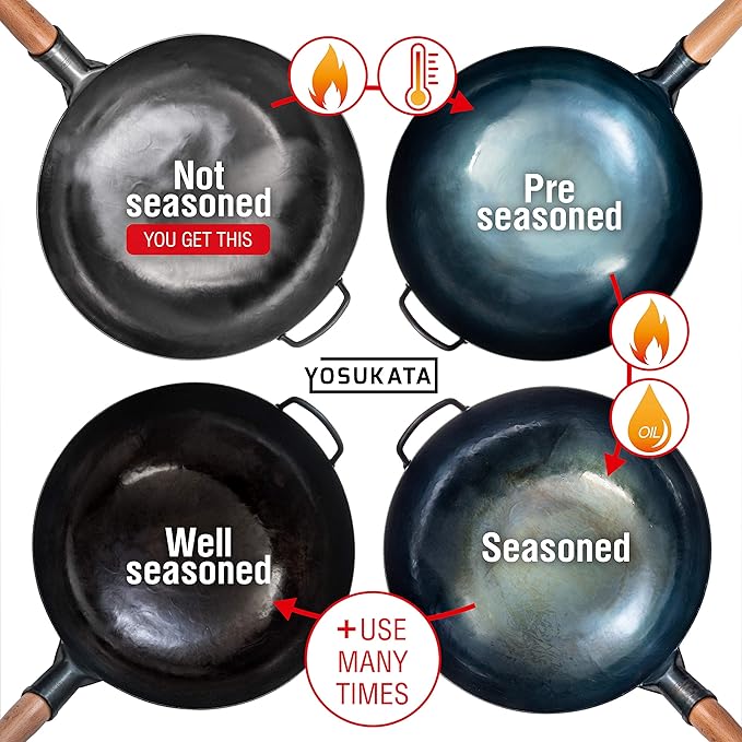 YOSUKATA 14” Round Bottom Carbon Steel Woks and Stir Fry Pans – Unseasoned Pow Wok for Stir Fry, BBQ, Grill & Camping – Hand-Hammered Traditional Japanese and Chinese Pan – Gas Stove, Open Fire Only