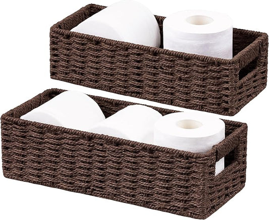 UBBCARE Toilet Tank Basket for Bathroom, Hand Woven Paper Wicker Basket for Organizing, Countertop Decorative Storage Basket with Handles, 2-Pack, Dark Brown