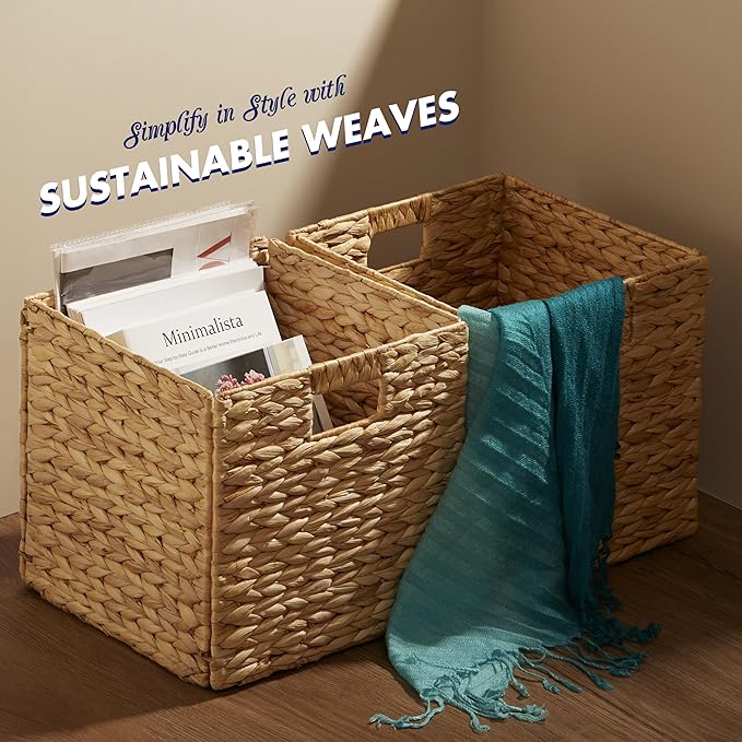 BLUEWEST Water Hyacinth Storage Basket (Set of 4) Woven Hyacinth Storage Basket, Laundry Water Hyacinth Bin for Organizing with Carrying Handles, Rattan for Shelves