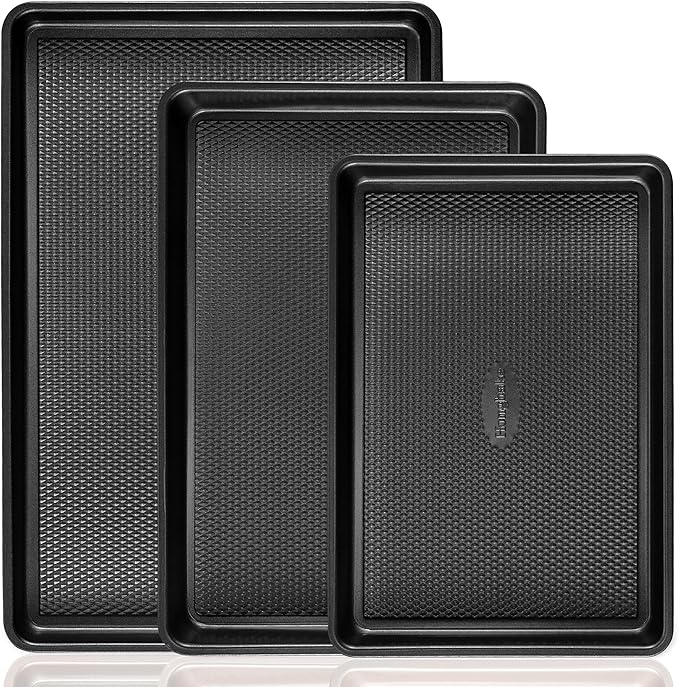 Cookie Sheets for Baking Nonstick - HONGBAKE Baking Sheet Pan Set of 3, Half/Quarter/Jelly Roll Pan for Oven with Diamond Texture Pattern, 57% Thicker Carbon Steel Cookie Trays, Dark Grey