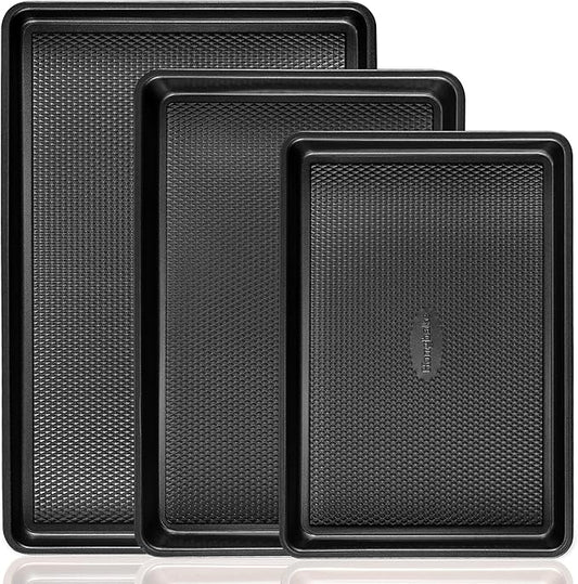 Cookie Sheets for Baking Nonstick - HONGBAKE Baking Sheet Pan Set of 3, Half/Quarter/Jelly Roll Pan for Oven with Diamond Texture Pattern, 57% Thicker Carbon Steel Cookie Trays, Dark Grey