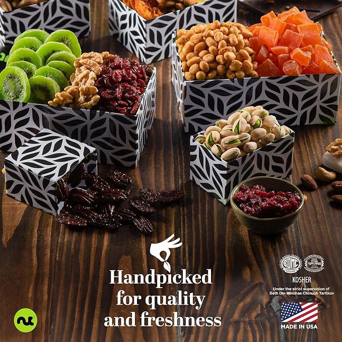 NUT CRAVINGS - Dried Fruit & Mixed Nuts Gift Basket Leaf Tower + Ribbon (12 Assortments) Food Arrangement, Healthy Snack Care Package, Food Assortments
