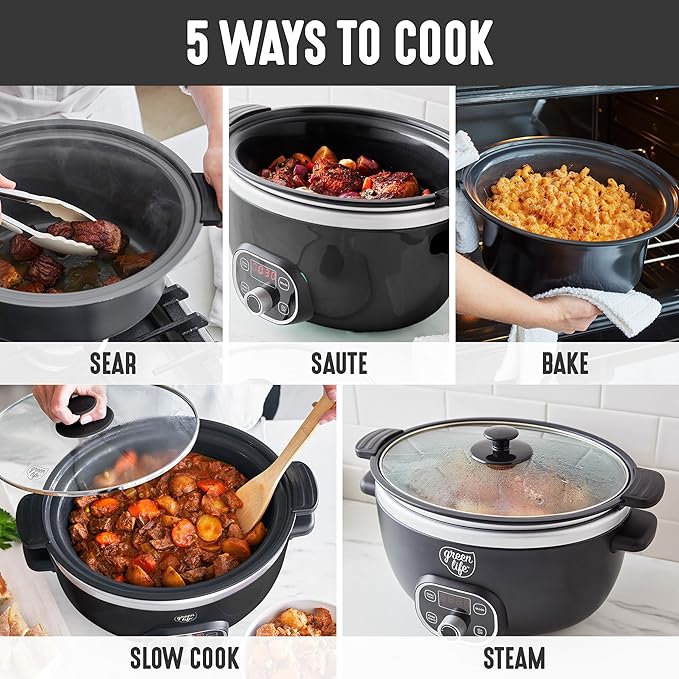 GreenLife 6QT Slow Cooker, Non-Toxic PFAS-Free Ceramic Nonstick Removable Interior Bowl, Programmable, Family Friendly, Keep Warm, Stovetop & Oven Safe, Dishwasher Safe Parts, Timer, Glass Lid, Black