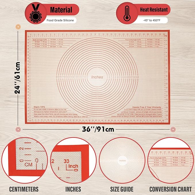Silicone Pastry Mat 36x24 Inch Nonstick Baking Mat Perfect for Dough, Pastry Board, Dough Rolling, Kneading Board, Pie Crust, Fondant, Pasta/Pizza, Kitchen Counter Mat
