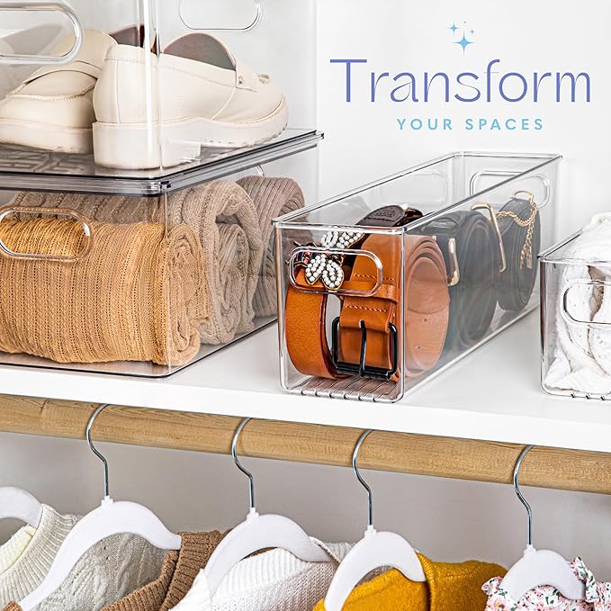 Plastic Food Storage 6 Pack Clear Container Bin with Handles for Organizing Kitchen, Pantry, Fridge, Freezer, Pantry,Bathroom. 16"x4"x5"