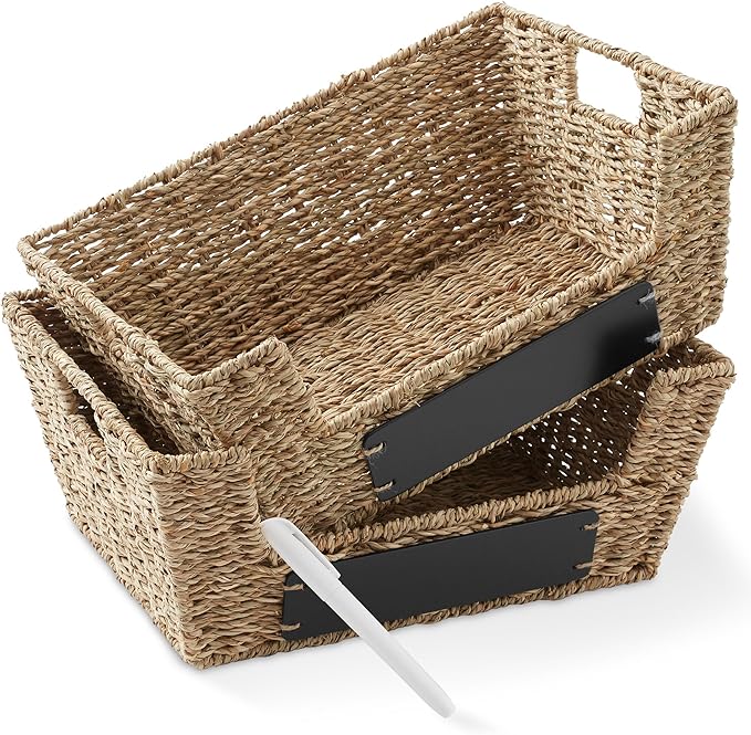 Casafield Set of 2 Seagrass Pantry Baskets with Handles, Chalkboard Labels and Marker - Natural, Wide Woven Storage Bin Organizers for Kitchen Shelves