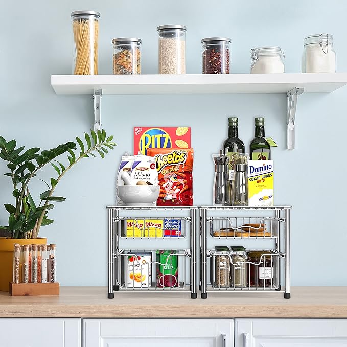 Simple Houseware Stackable 2 Tier Sliding Basket Organizer Drawer, Chrome