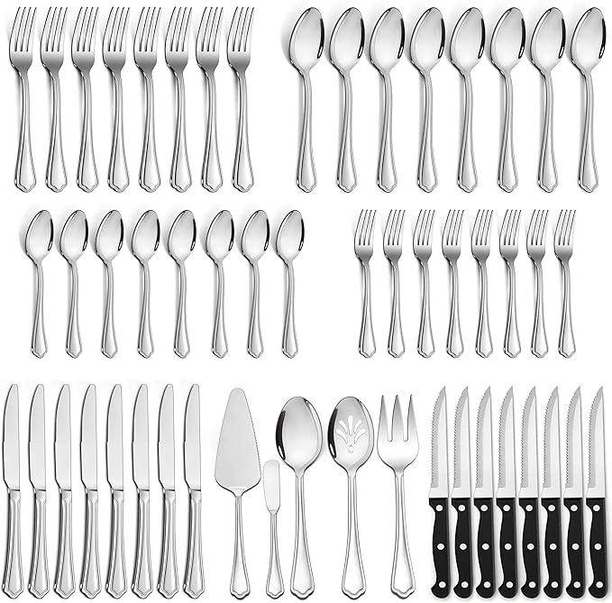 LIANYU 77-Piece Silverware Flatware Set for 12, Plus Steak Knives and Serving Utensils, Stainless Steel Flatware Cutlery Set, Eating Utensils Tableware with Scalloped Edge, Dishwasher Safe