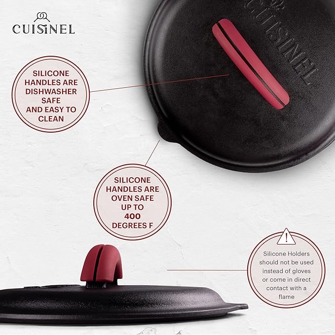 Cuisinel Cast Iron Lid - Fits 12"-Inch / 30.48-cm Lodge Skillet Frying Pans or Braiser + Silicone Handle Holder + Care Guide - Pre-Seasoned Replacement Cover - Indoor/Outdoor, Oven, Fire, BBQ Safe