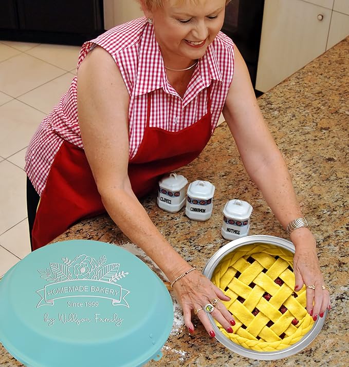 Personalized Aluminum Pie Pan with Lid Customized Cake Pan Bake Tray Engraved With Custom Name Text Monogram - Wedding, Engagement, Anniversary, Housewarming, Birthday, Bridal Shower Gift(Teal)