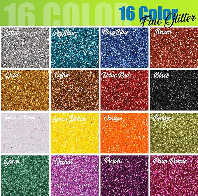 LEOBRO Glitter, 32 Colors Fine and Chunky Glitter for Crafts, Resin, Halloween Christmas Decors, Nail Body, Art Crafts