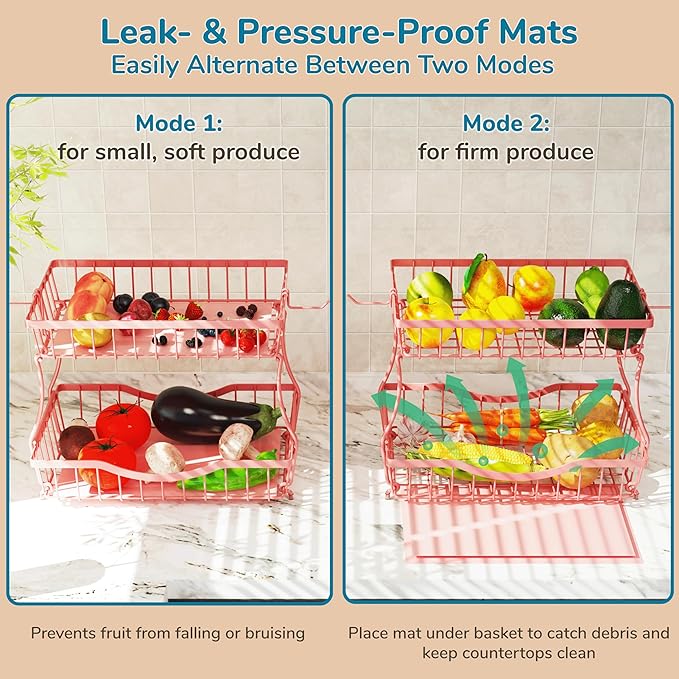 Large 2-Tier Fruit Basket for Kitchen Counter with 2 Banana Hangers – Metal Fruit Bowl for Onion, Vegetable, Snacks, Breads Storage – Countertop Organizer – Pink