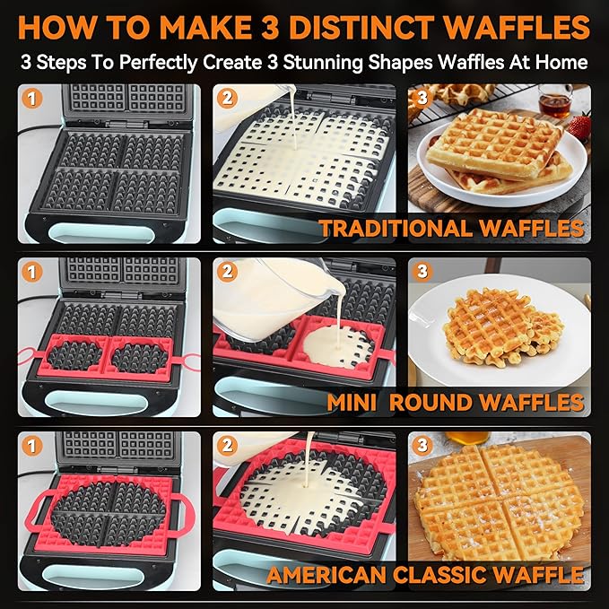 Baker's Friend Multi Shapes Waffle Iron, Combo of Mini & Classic Waffle Makers, Belgian & Chaffle Maker, 2 Silicone Molds, Aqua