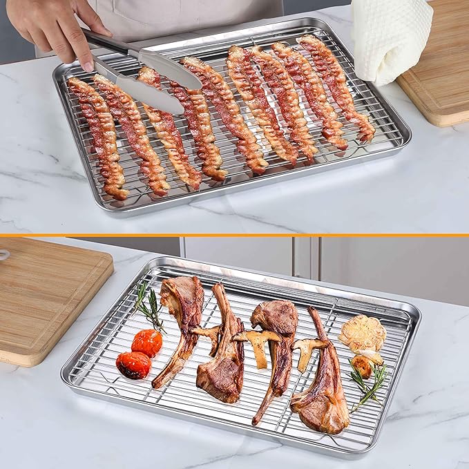 Homikit Baking Sheet Pan with Rack Set, 18" x 13" Nonstick Half Cookie Sheets for Baking Cooking Tray with Wire Cooling Rack, Stainless Steel Bakeware Bacon Pans for Oven Toaster, Dishwasher Safe