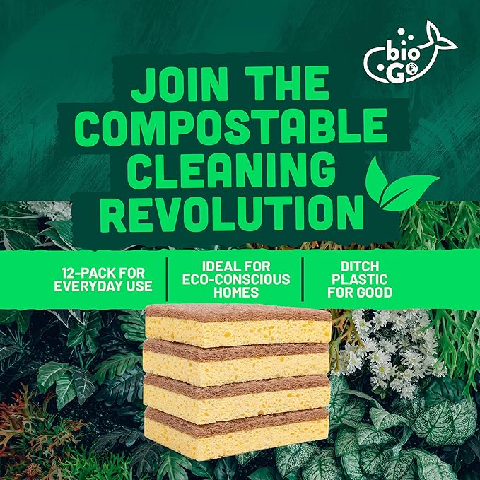 bioGo 12 Pack Biodegradable Kitchen Sponges - Eco-Friendly, Compostable, Natural Cellulose Dish - Compostable - Biodegradable - Cellulose Sponge