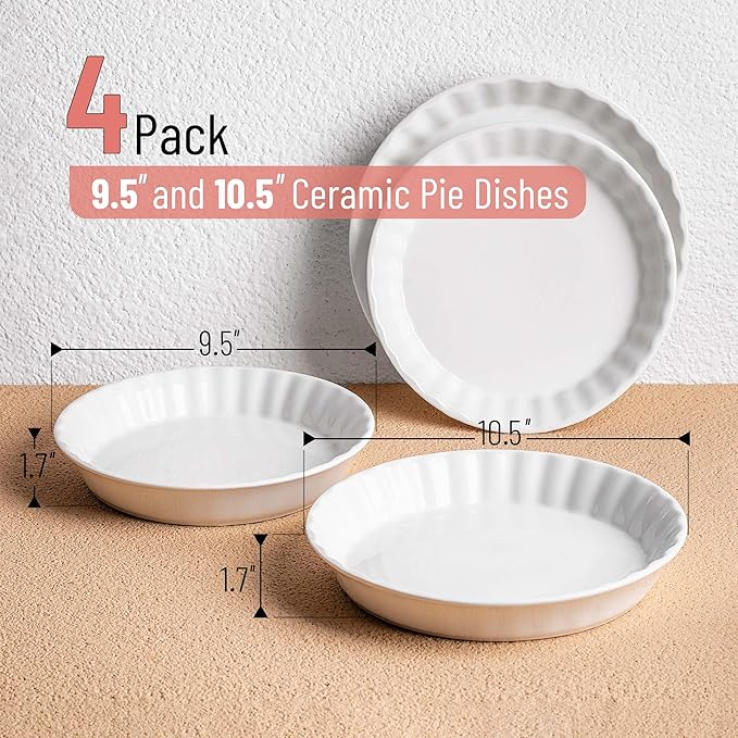 BTAT- Ceramic Pie Dish, 4 Pcs, 10.5" and 9.5", White Pie Pans for Baking, Deep Dish Pie Plate, Deep Dish Pie Pan, Deep Pie Dish for Baking, Pie Plates for Baking, Deep Pie Dish, Pie Baking Dish