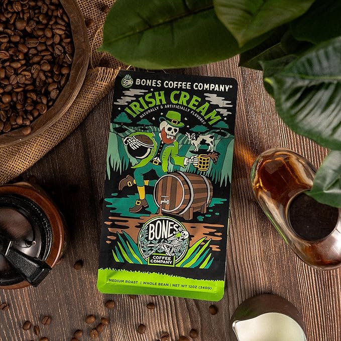 Bones Coffee Company Irish Cream, Creamy Liqueur Flavored Coffee, Medium Roast Low Acid Arabica Beans Compatible with Auto drip and French Press Coffee Maker, 12 Oz Whole Bean