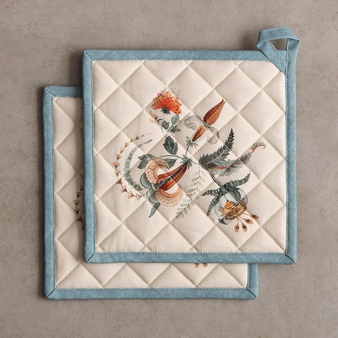 Maison d' Hermine Pot Holders Set 100% Cotton Heat Resistant Potholders 8" x 8" Hot Pads with Loop BBQ, Cooking, Baking, Grilling, Kitchen, Handling Hot Pans (Pack of 2, Dalida)