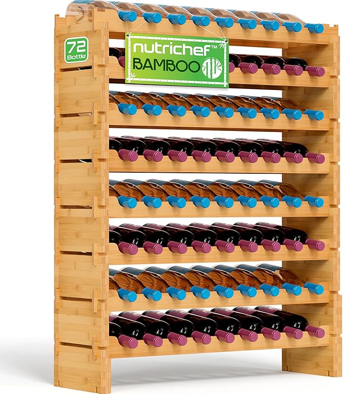 NutriChef Bamboo Stackable Wine Rack, 8-Tier 72 Bottle Capacity Wine Racks Free Standing Floor, No Tools Assembly, Modular Storage Display Shelf for Kitchen and Cellar 33.5" x 10" x 42"