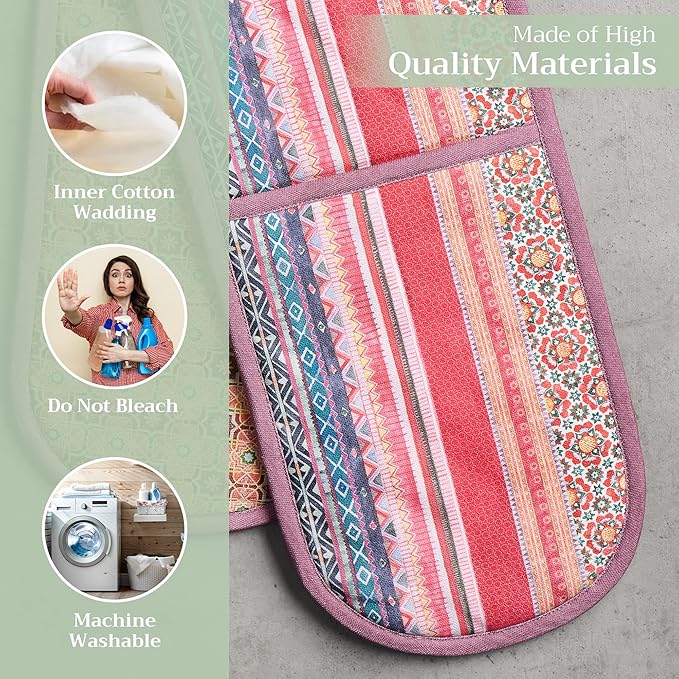 Maison d' Hermine Double Oven Mitts 100% Cotton 7"x35" Double Oven Mitt Heat Resistant BBQ Cooking Gloves with Loop, Baking, Grilling, Home, Kitchen, Handling Hot Pans (Ispahan)