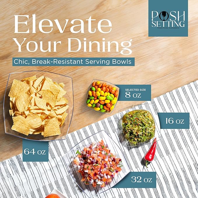 Posh Setting - Clear Plastic Serving Bowls for Party (8oz - 4 Pack) Square, Disposable, Salad & Fruit Bowls for Party Table, Candy Containers for Candy Buffet