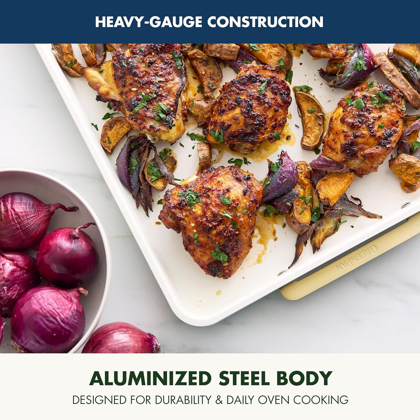 GreenPan Bakeware 13"x18" Half Baking Sheet Pan, Ceramic Nonstick Baking Pan, PFAS & BPA Free, Gold Handles, Durable Steel, Versatile & Space Saving Ovenware, Freezer to Oven Dish, Oxford Blue