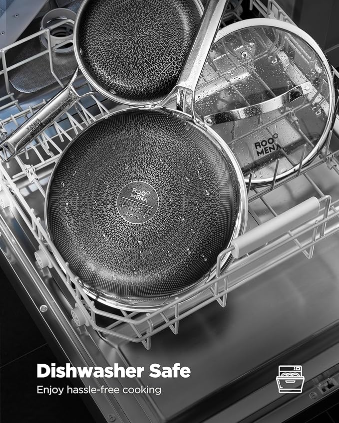 Non Stick Frying Pans Hybrid Ceramic With Lid, 12 Inch Tri-Ply Stainless Steel Skillet, Non-Toxic, PFAS/PFOA/PTFE Free, Metal Utensil Safe, Dishwasher & Oven Safe, Induction Compatible