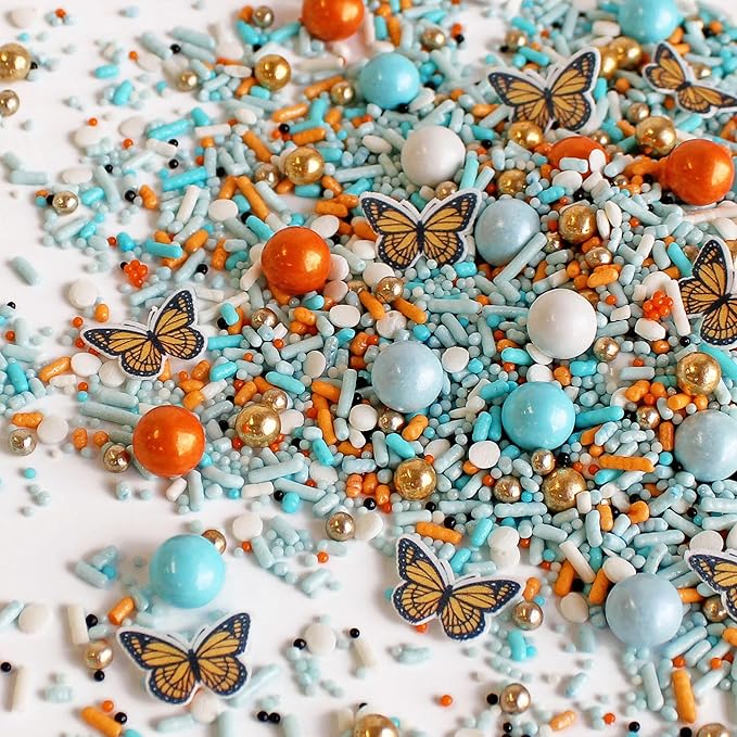 Sprinkle Pop Monarch Butterfly Sprinkle Mix| Blue Orange Sprinkles with ~20 Butterfly Wafer Paper and Gold Dragees| Decorating Sprinkles Made In USA for Mother’s Day Cupcakes Cakes Cookies Donuts, 4oz