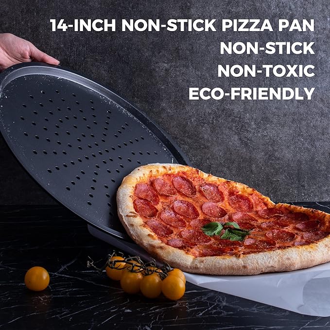 HONGBAKE 14.8 Inch Pizza Pan with Holes, 2 Pack Non-Stick Pizza Pan for Oven, Carbon Steel Perforated Pizza Tray, Crispy Pizza Set, Round Baking Sheet for Frozen & Homemade Pizza, Grey