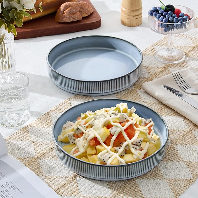 E-far Pasta Bowls Set of 4, 35oz Large Salad Bowl Plate for Dinner Serving Soup, Wide & Shallow Ceramic Stoneware Pasta Plates, Microwave & Dishwasher Safe, Reactive Glaze Textured Stripes, Dusty Blue