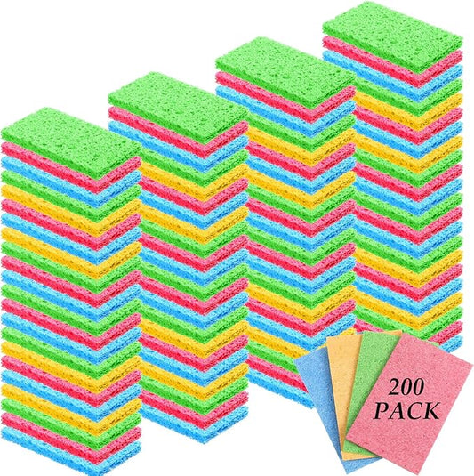 Zhengmy 200 Pieces Kitchen Sponge Bulk Natural Sponges for Dishes Compressed Wood Pulp Sponges Cleaning Sponge Without Scratching for Kitchen Bathroom, 3.9 x 2.4 x 0.12 Inch (Multicolor)
